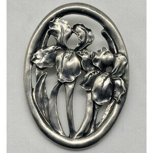 Vintage Oval Pewter Sculpted Iris Brooch and Signed "1987 Seagull Pewter Canada"